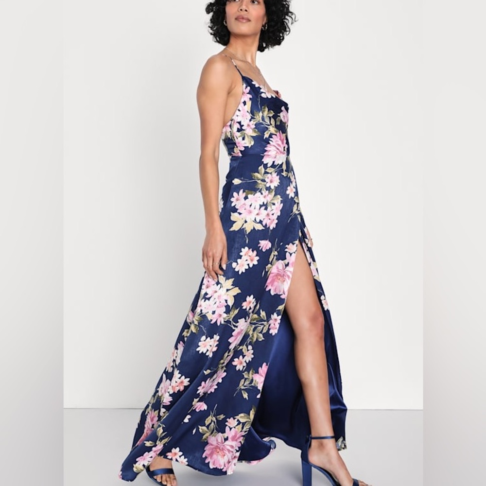 NWT Lulus Love of Romance Navy Satin Cowlneck Floral Maxi Dress, size XS